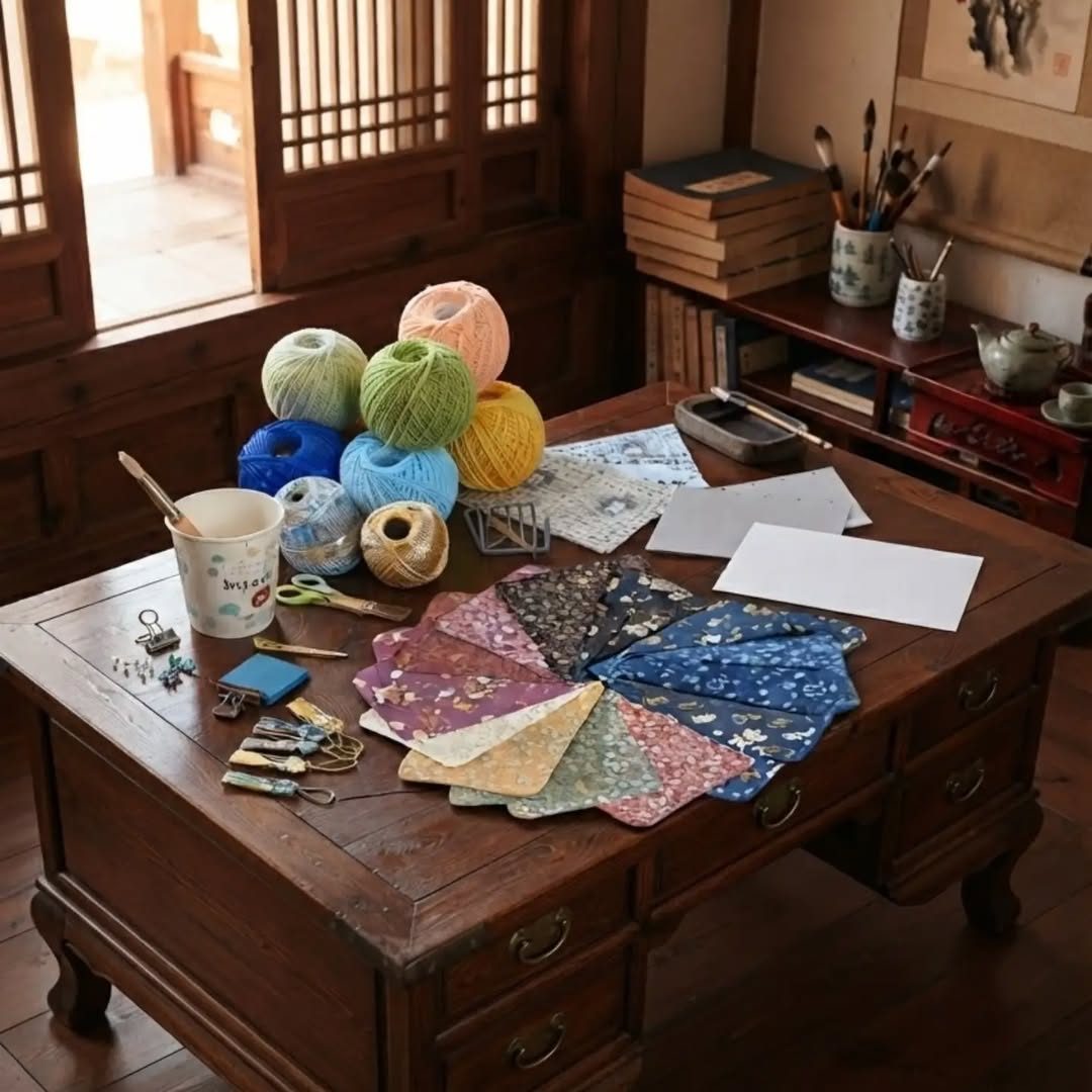 Papiers Hanji imprimés de fleurs et fils de couleur sur un bureau